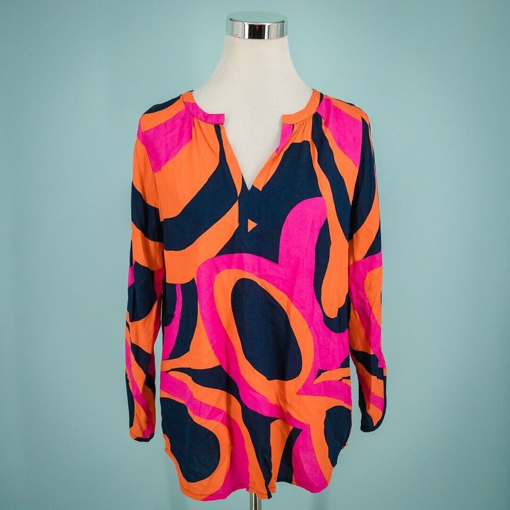 Escapada Size Medium M Blue Pink Print Split V Neck Cut Out Sleeve Tunic Top